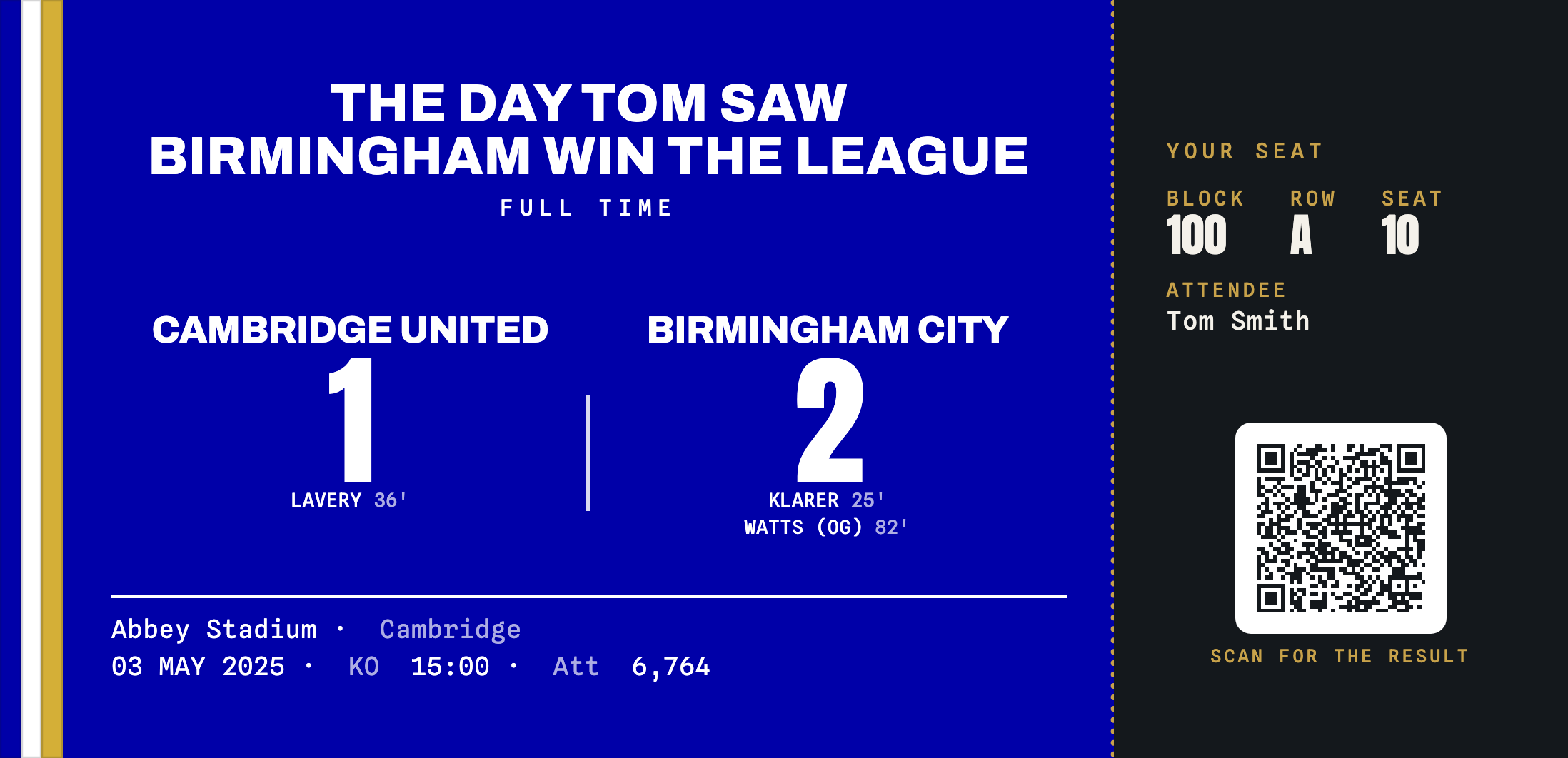 Cambridge United 1-2 Birmingham City commemorative ticket stub keepsake, League Champions