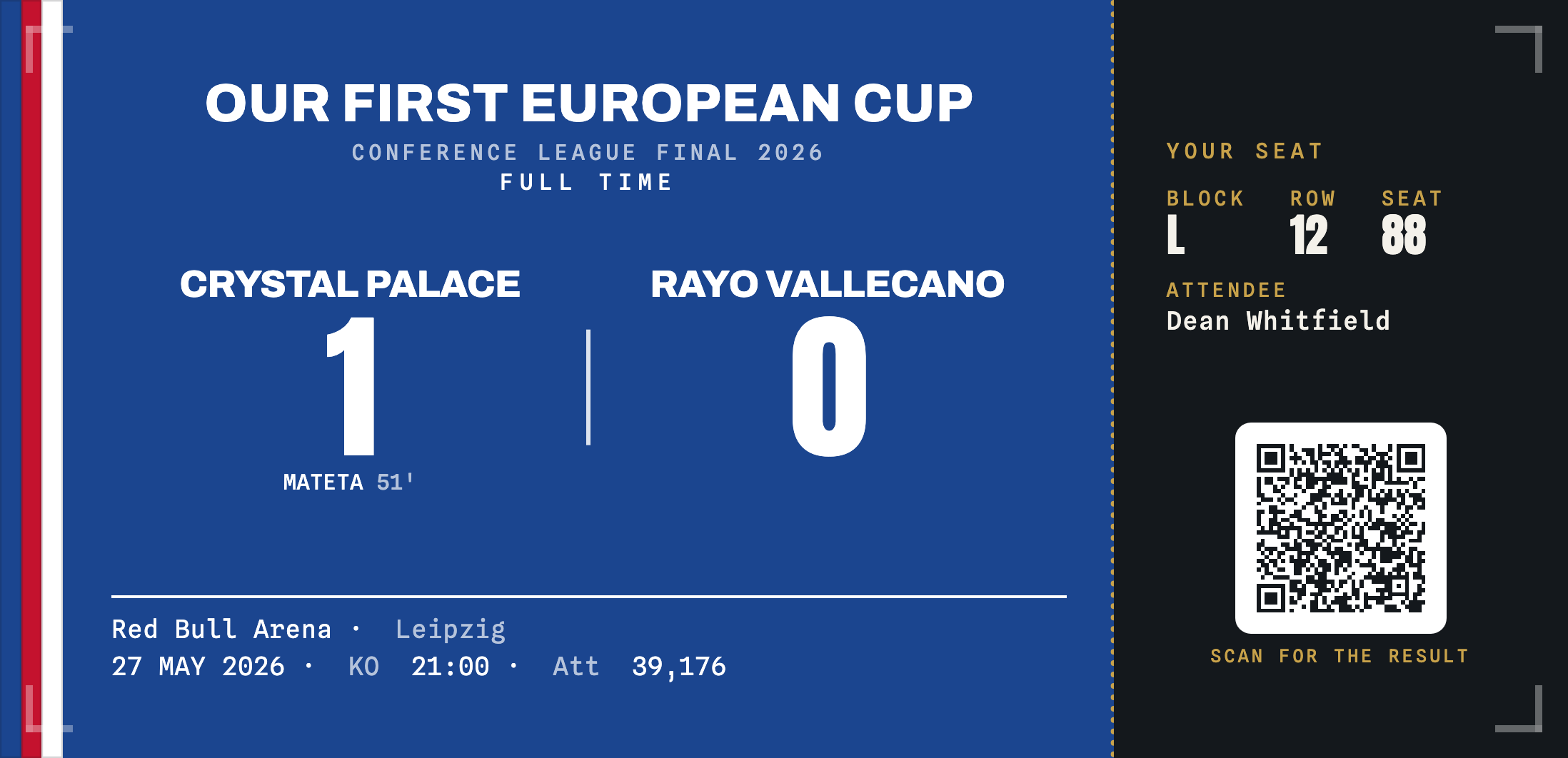 Crystal Palace commemorative ticket stub keepsake — Conference League Final 2026, Crystal Palace 1 Rayo Vallecano 0