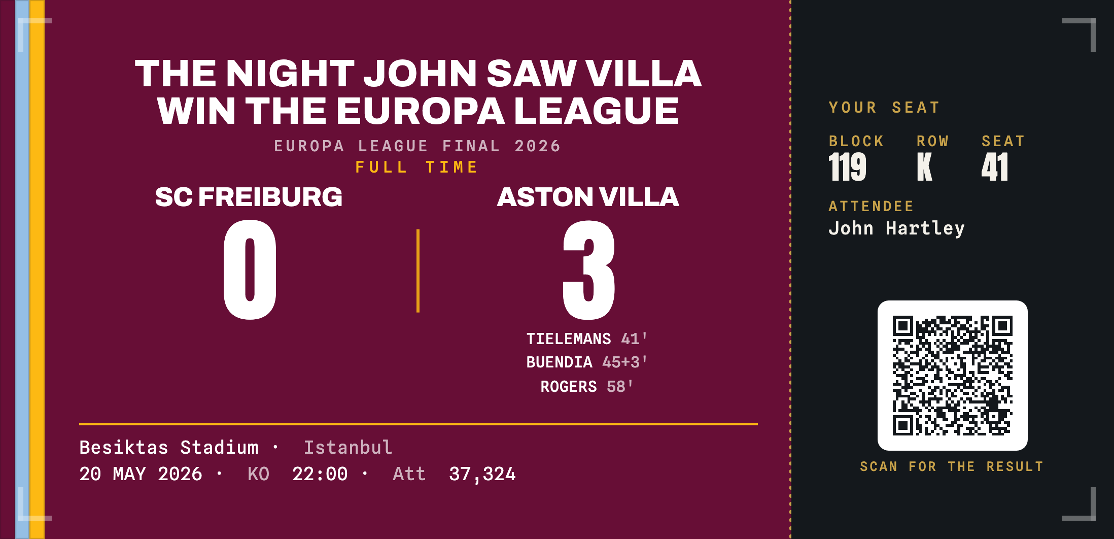 Aston Villa commemorative ticket stub keepsake — Europa League Final 2026, Freiburg 0 Aston Villa 3, in claret and blue