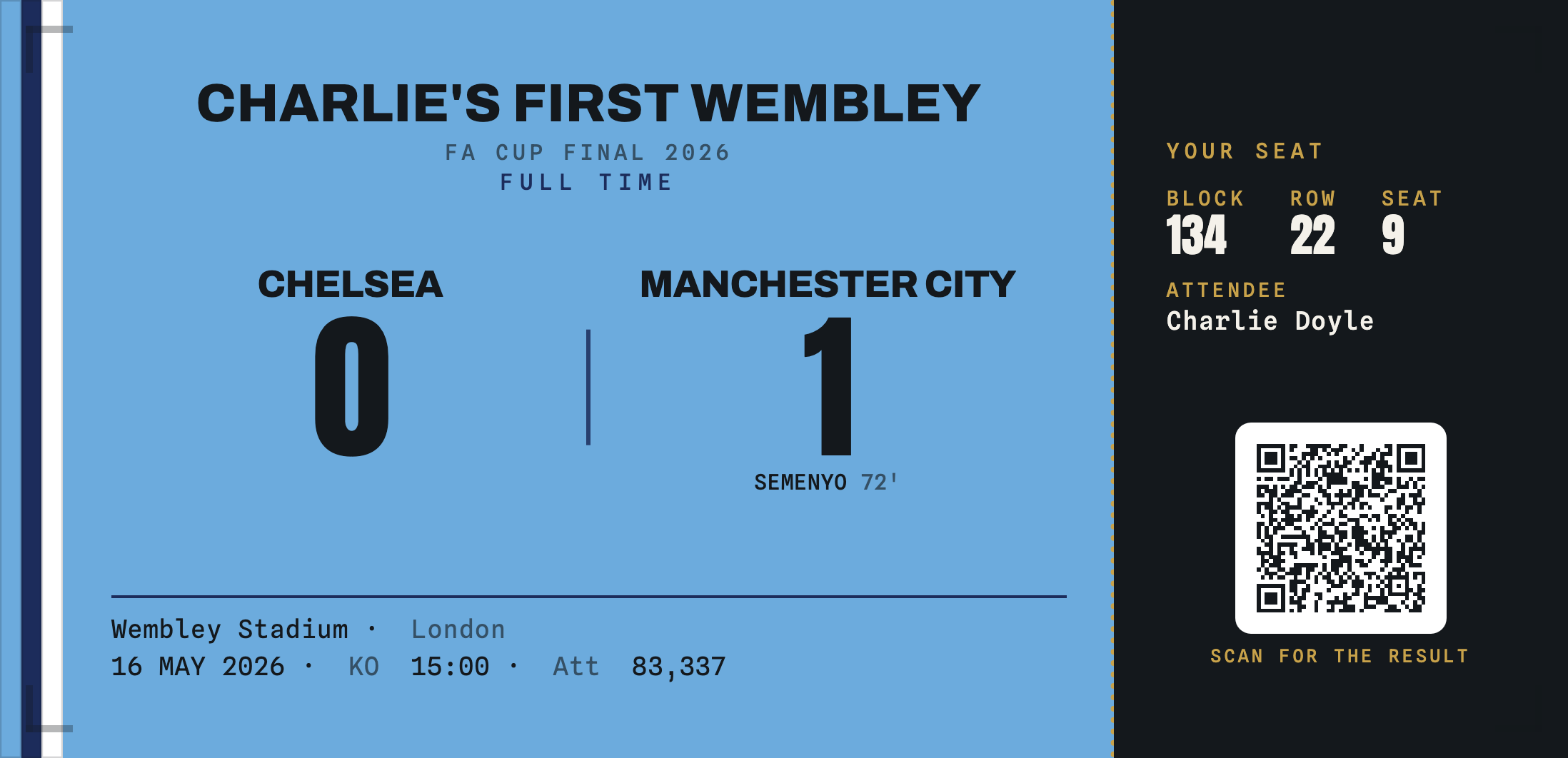 A commemorative Matchday Stub printed in a club's colours