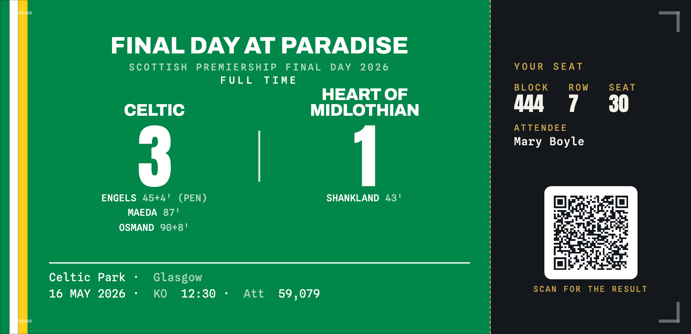 Celtic commemorative ticket stub keepsake — Celtic 3 Heart of Midlothian 1, in green and white