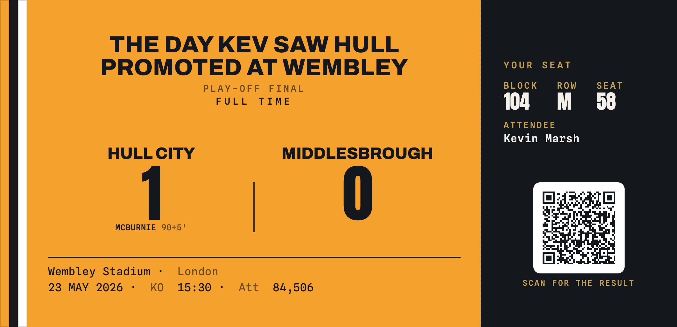 Hull City 1-0 Middlesbrough commemorative ticket stub keepsake, Play-off Final