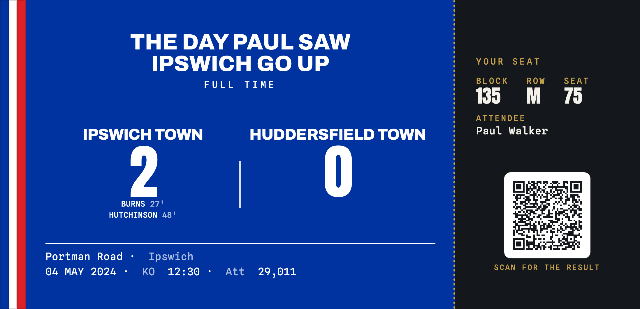 Ipswich Town 2-0 Huddersfield Town commemorative ticket stub keepsake, Promotion