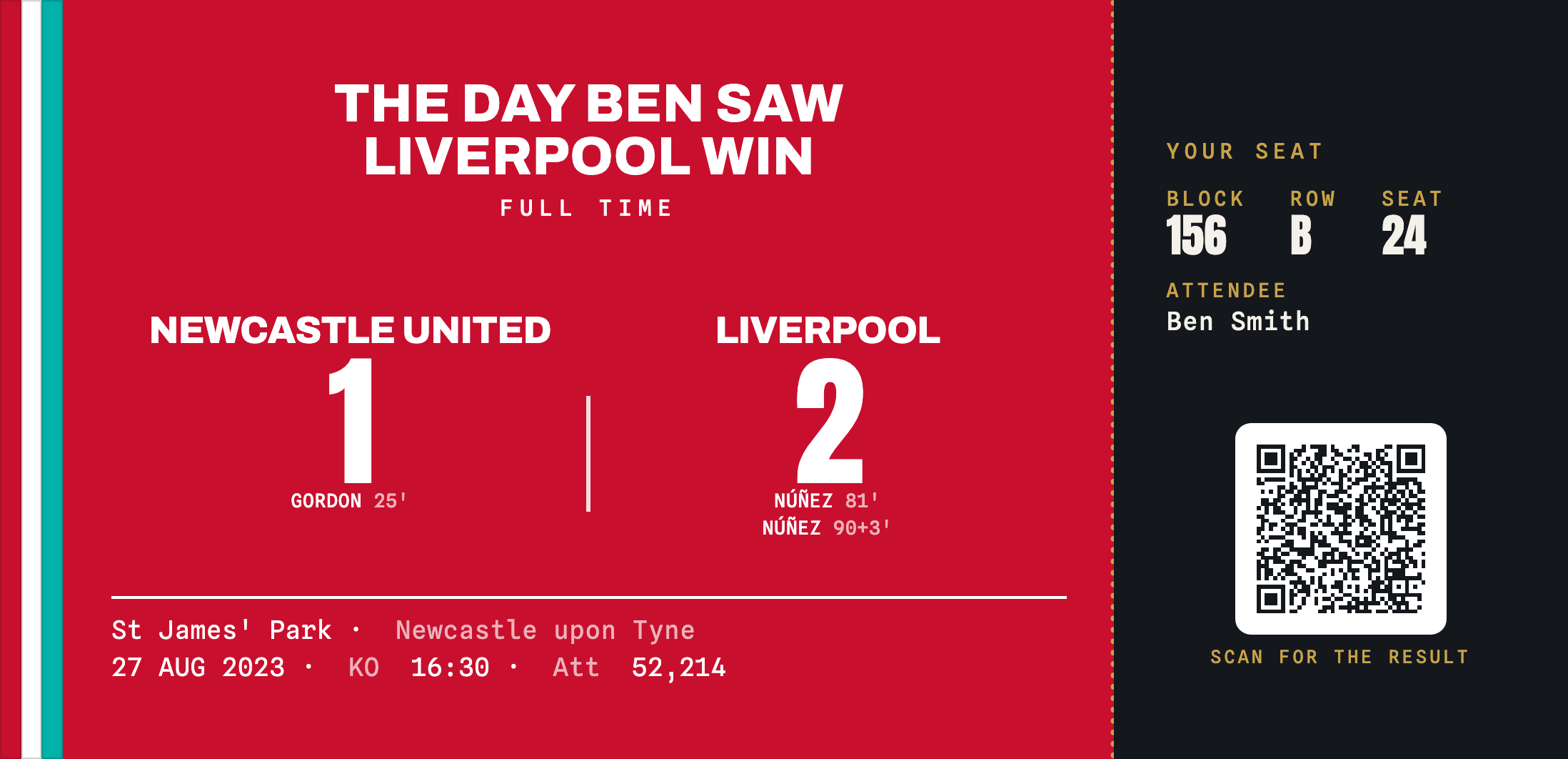 Newcastle United 1-2 Liverpool commemorative ticket stub keepsake, League Fixture