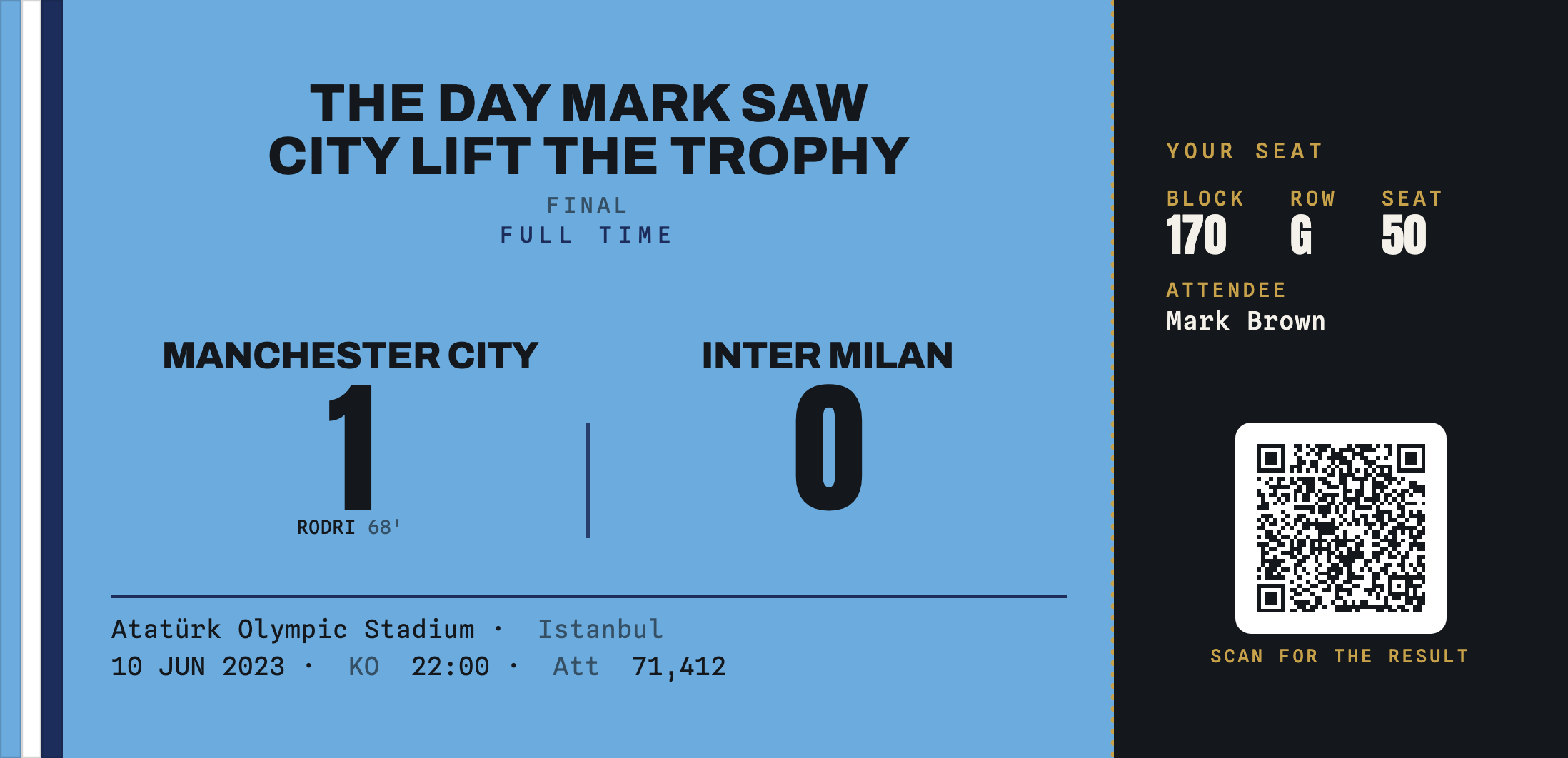 Man City 1-0 Inter Milan commemorative ticket stub keepsake, European Final