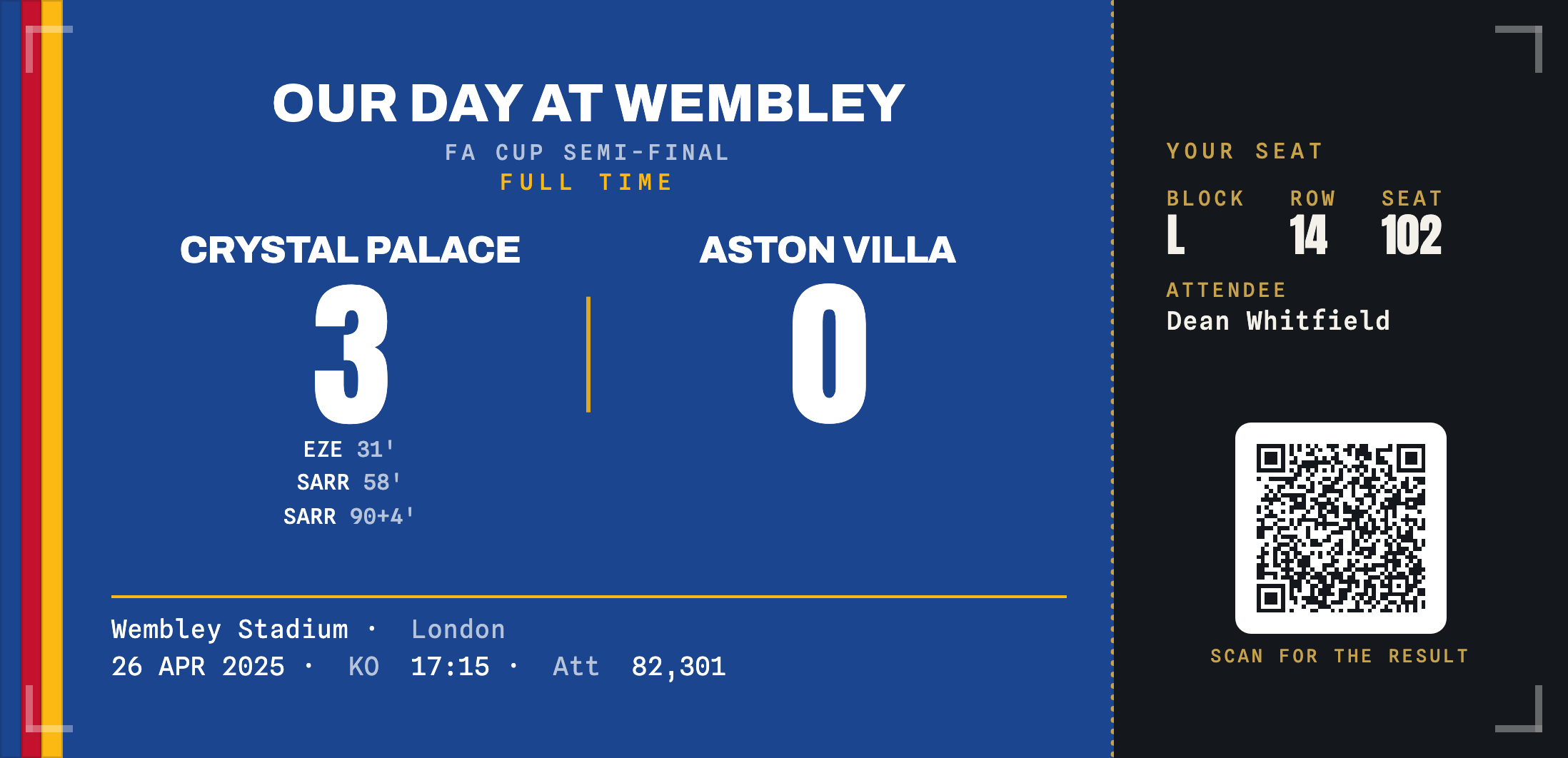 Crystal Palace commemorative football ticket stub keepsake — Crystal Palace 3 Aston Villa 0, FA Cup semi-final at Wembley, in blue and red