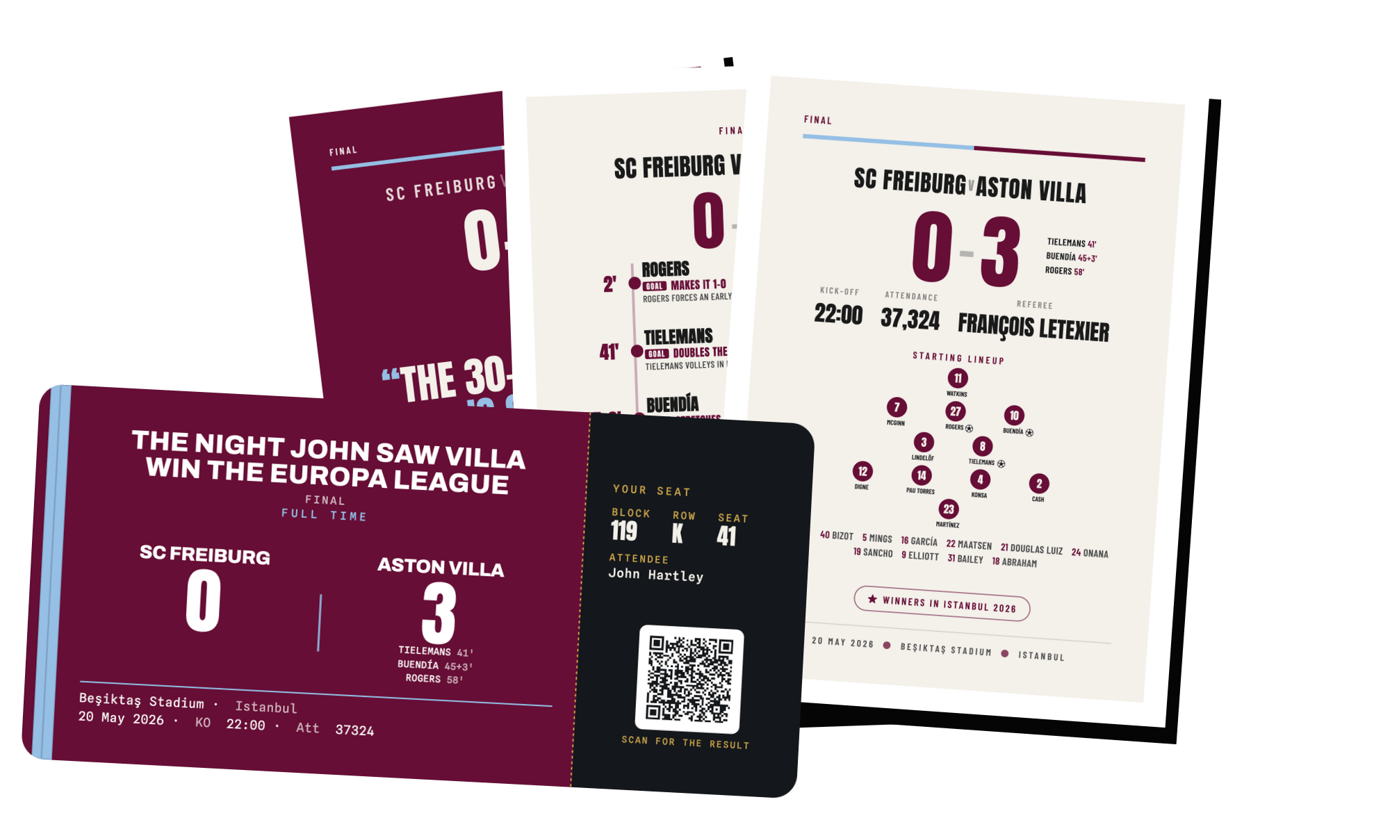 Freiburg 0-3 Aston Villa, the stub and its keepsake print designs