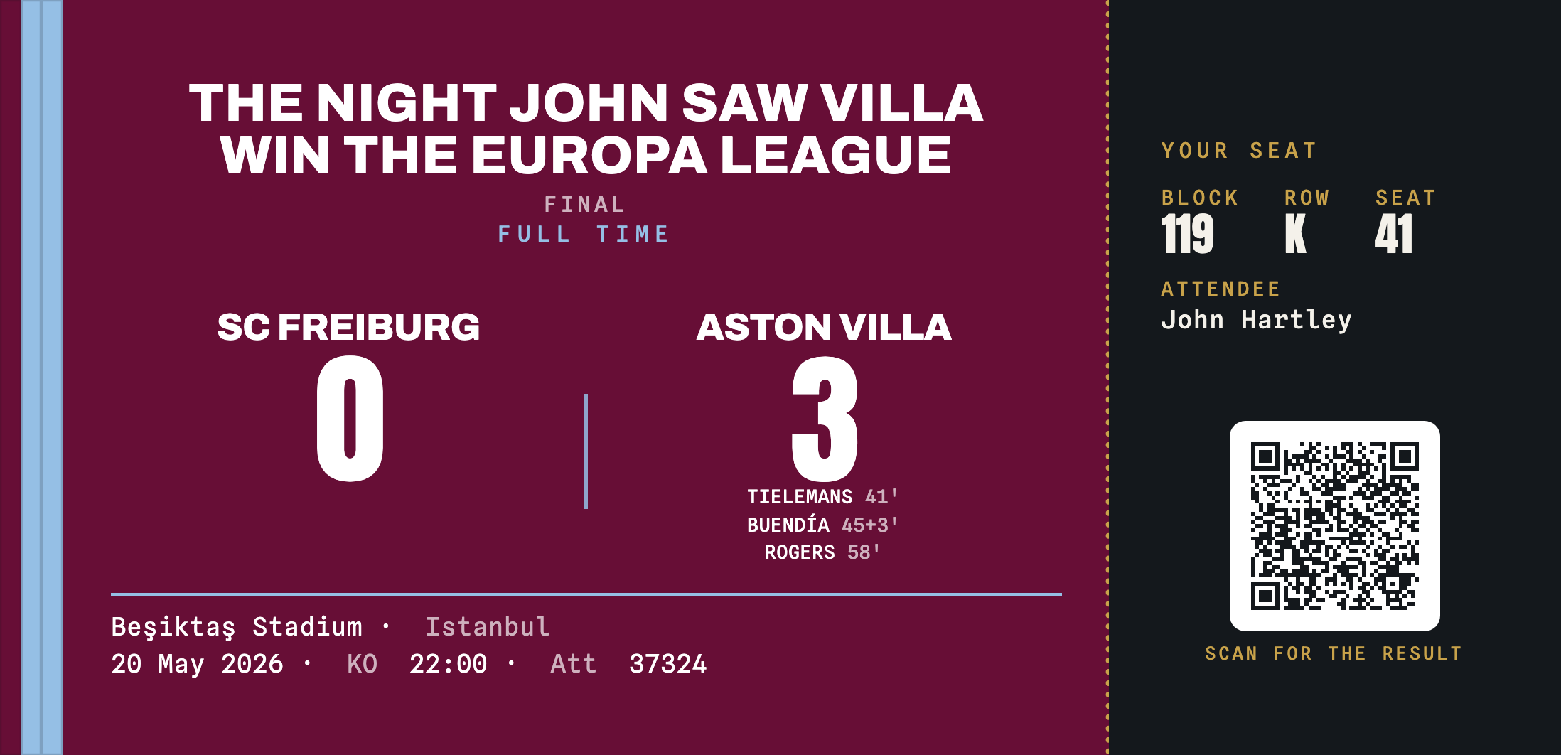 Freiburg 0-3 Aston Villa commemorative ticket stub keepsake, European Final