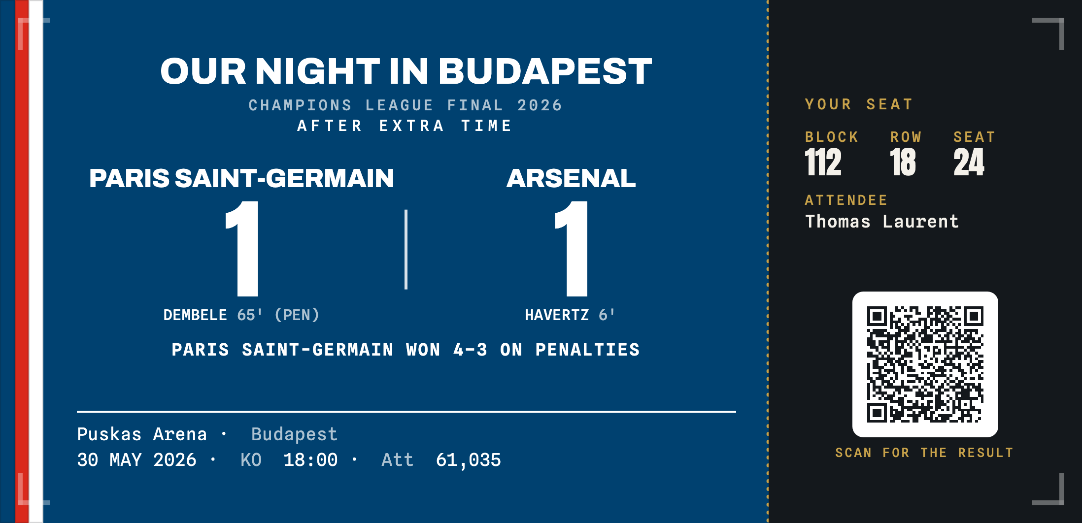 Paris Saint-Germain commemorative ticket stub keepsake — Champions League Final 2026, PSG 1 Arsenal 1 (PSG win on penalties)