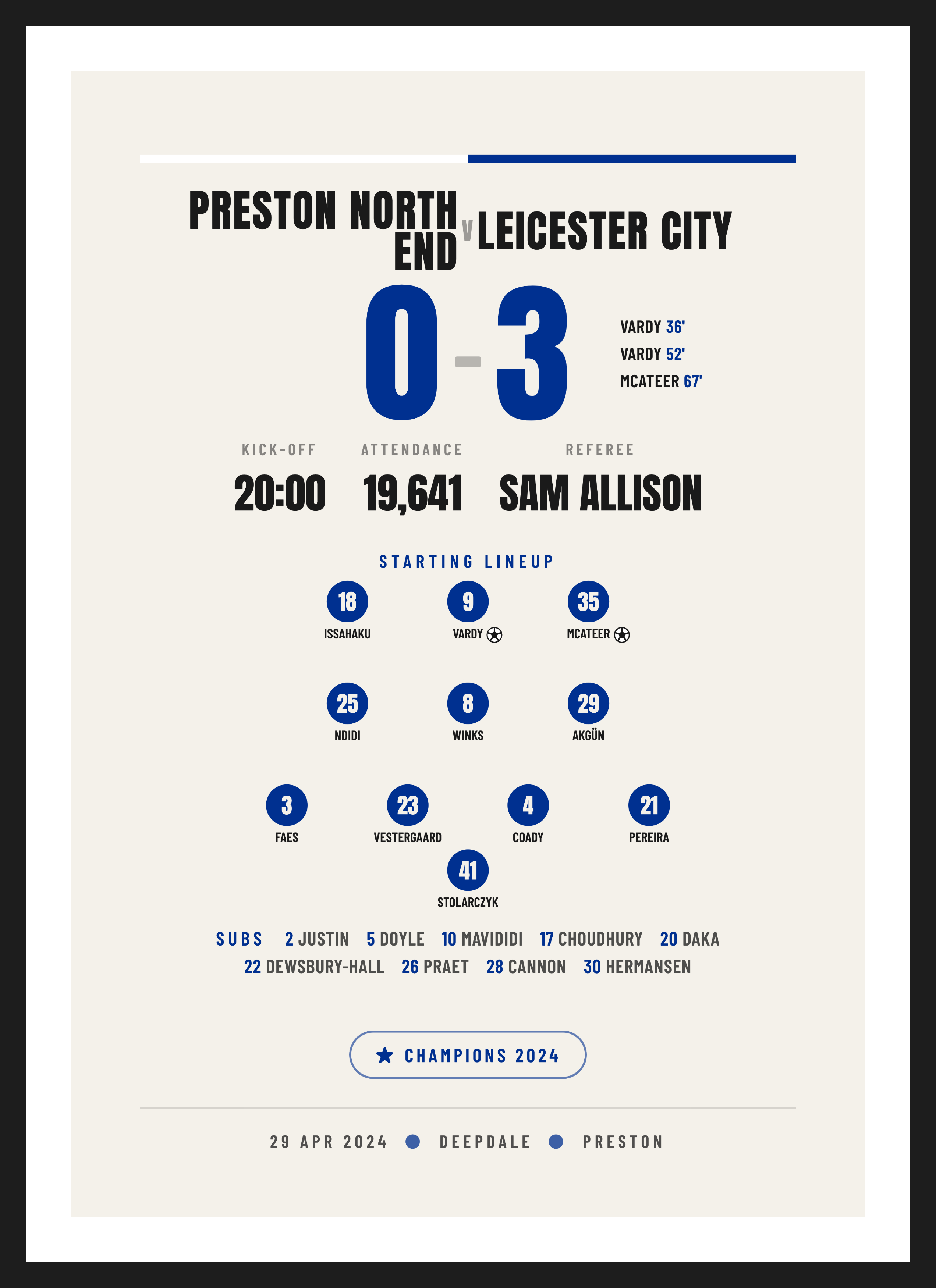 Leicester League Champions 2024, League Champions keepsake, Typographic design