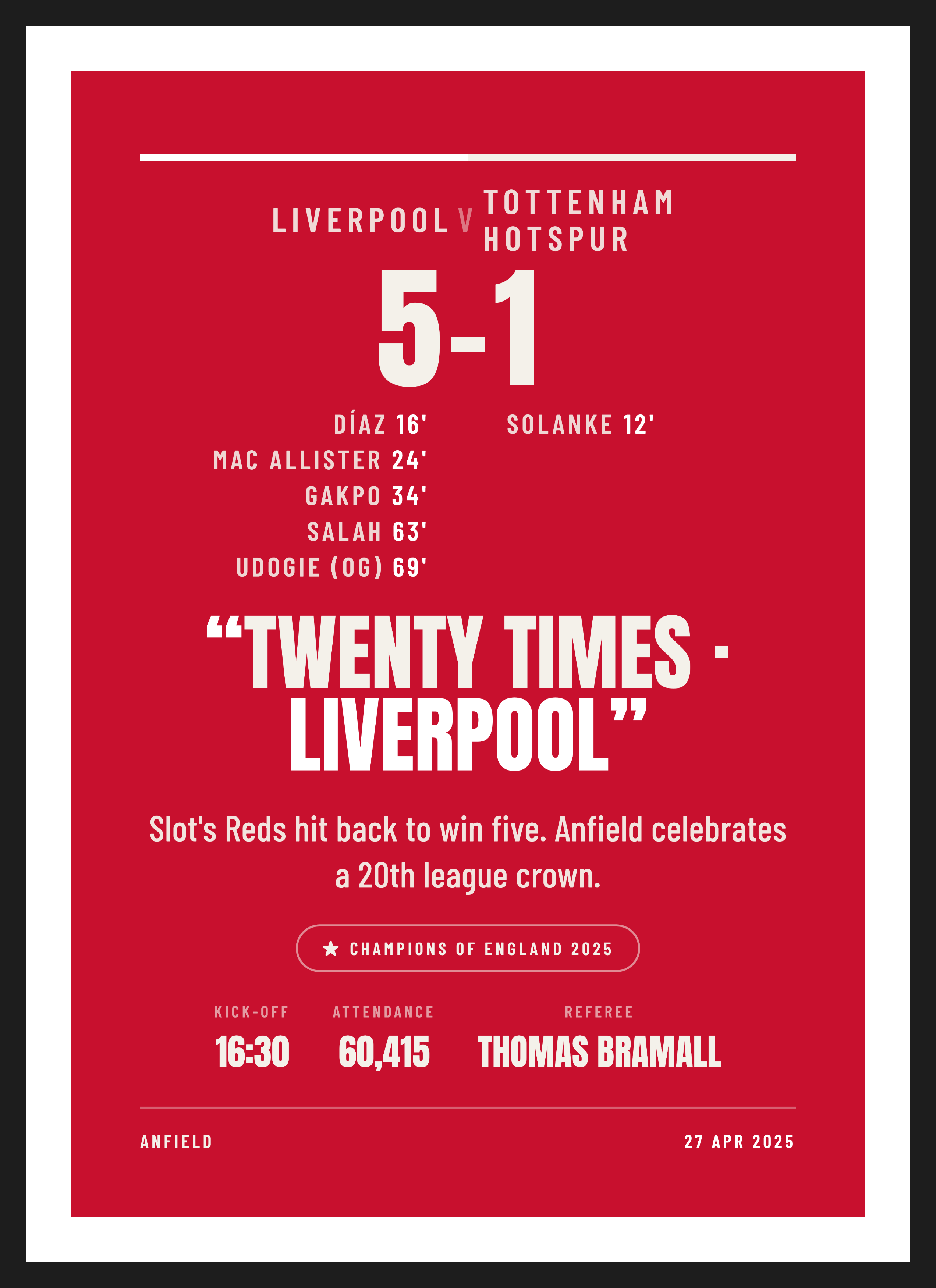 Liverpool League Champions 2025 keepsake