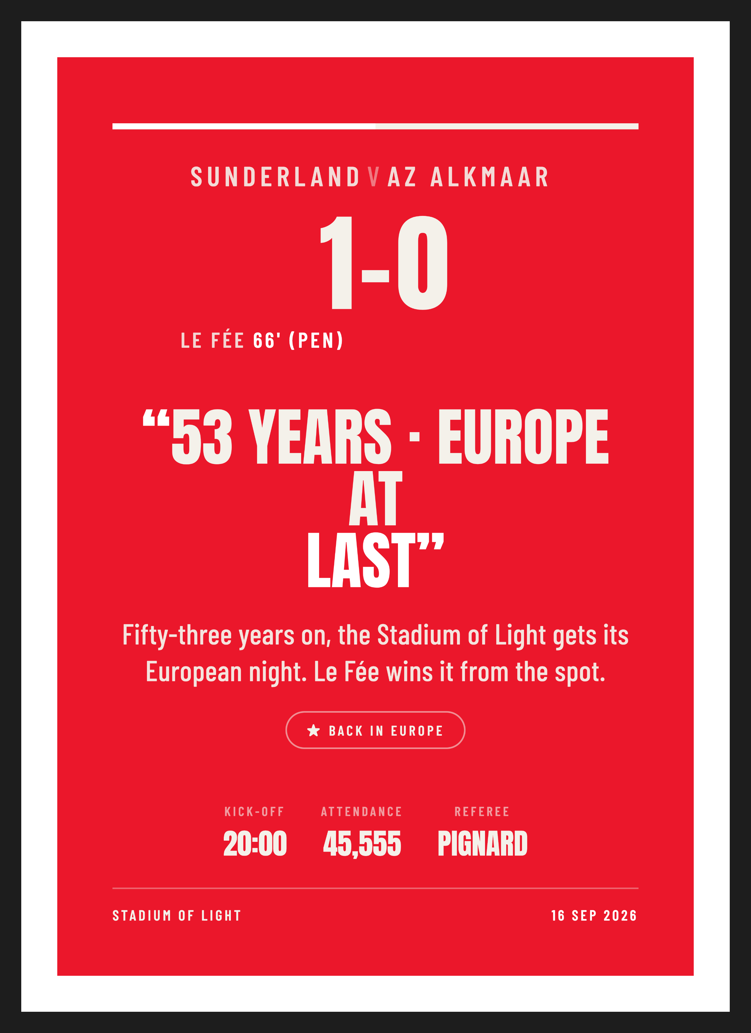 Sunderland European Night 2026, Sunderland 1-0 AZ Alkmaar, Commentary design